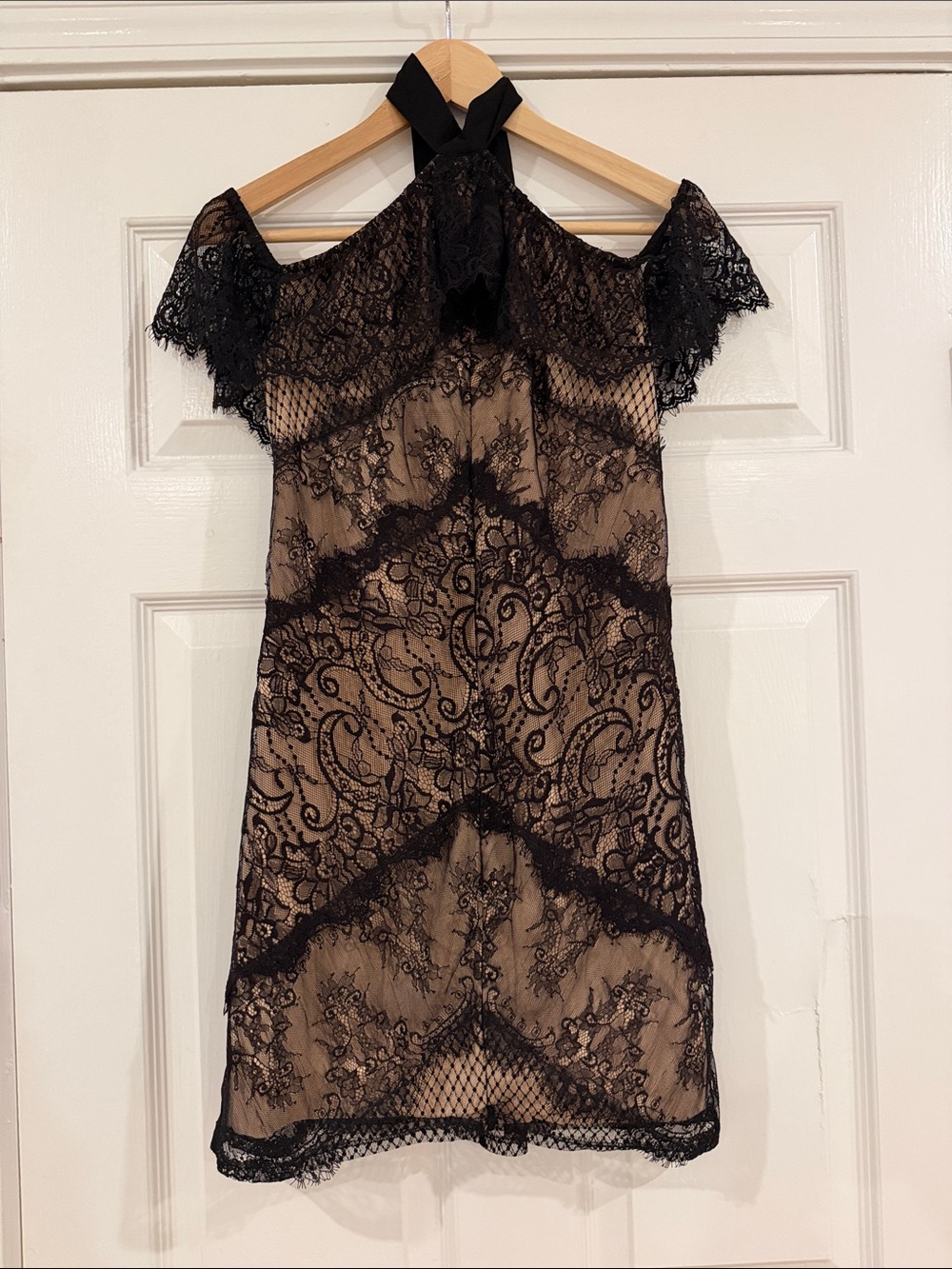 bebe Black Lace Overlay Nude Mini Dress